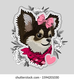 Vector dog with bow, scarf  and flowers. Illustration of dressed chihuahua. Print on T-shirts, bags and other fashion products. Design children's clothing and accessories. 