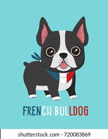 Vector Dog breed French Bulldog. Image Puppy in a bandage in the colors of the French flag. Illustration cartoon dog puppy french bulldog in flat style
