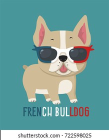 Vector Dog breed French Bulldog. Image cartoon Puppy in glasses in the colors of the French flag. Illustration cartoon dog frenchie character in flat style