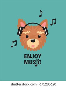 vector Dog breed Yorkshire terrier listening to music on headphones. Text: enjoy life. Vector yorkie listen music