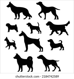 Vector dog breeds silhouettes collection isolated on white background