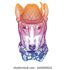 Vector dog, bullterrier. Bavarian traditional hat. Tirol austrian hat. Beer oktoberfest animal portrait.