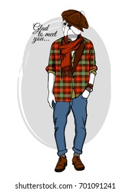 Vector dog with cap, and red scarf. Hand drawn illustration of dressed dog
