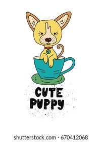 Vector dog card with handdrawn lettering message. Cute puppy.