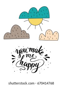 Vector dog card with handdrawn lettering message. You make me happy