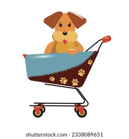 Vector dog in cart from the supermarket. Wheelbarrow for dogs.