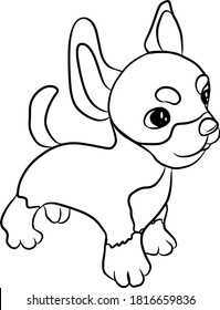 Vector dog, cartoon cute happy white dog smiling. Character dog, line art, black and white drawing illustration for kids. Coloring Page for Children.Can be used for kids wear, card, nursery.