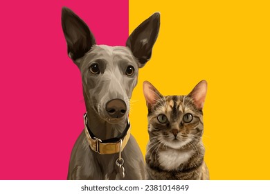 

vector dog and cat couple on pink and yellow background
