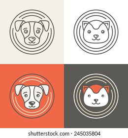 Vector dog and cat icons and logos in trendy mono line style - friendly pets - circle badges and emblems
