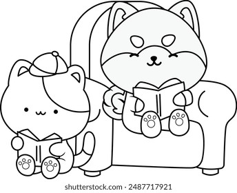 a vector of a dog and a cat reading at the sofa in black and white coloring