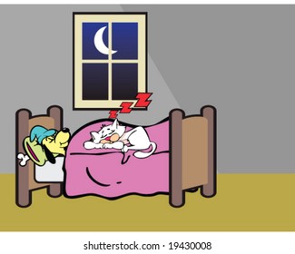 vector dog and cat sleeping in bedroom