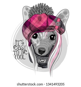 Vector dog with checkered hat and knitted scarf. Hand drawn illustration of dressed Chinese Crested Dog. Vector illustration.