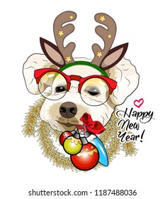 Vector dog with christmas horns of a deer. Hand drawn illustration of dressed doggy with red glasses. Happy New Year. 1