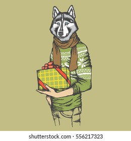 Vector dog concept. Hand draw husky dog on human body in sweatshirt with gift