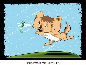 vector Dog and Dragonfly