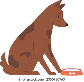 Perro vector bebiendo del tazón de agua aislado. Animales domésticos o sin hogar. Carácter vector de corte. Vet, rescate, adopción. Ilustración vectorial para tienda de mascotas, alimentación animal, accesorios y juguetes