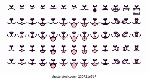 Vector Dog Face Design Elements, Different Emotions. Dog Mouth, Tongue, Nose Isolated. Dog or Cat Face with Closed and Opened Mouth Icons Closeup Set, Collection for Vet Logo, Emblem, Pet Care, Canine