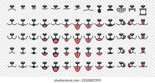 Vector Dog Face Design Elements, Different Emotions. Dog Mouth, Tongue, Nose Isolated. Dog or Cat Face with Closed and Opened Mouth Icons Closeup Set, Collection for Vet Logo, Emblem, Pet Care, Canine