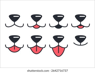 Vector Dog Face Design Elements, Different Emotions. Dog Mouth, Tongue, Nose Isolated. Dog or Cat Face with Closed and Opened Mouth Icons Closeup Set, Collection for Vet Logo, Emblem, Pet Care, Canine