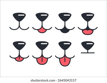 Vector Dog Face Design Elements, Different Emotions. Dog Mouth, Tongue, Nose Isolated. Dog or Cat Face with Closed and Opened Mouth Icons Closeup Set, Collection for Vet Logo, Emblem, Pet Care, Canine