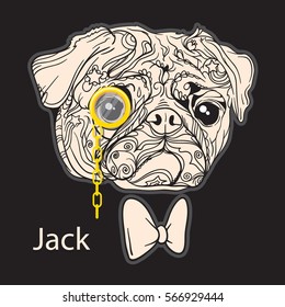 Vector dog face with monocle and butterfly in beautiful ornament. Isolated on dark background.
