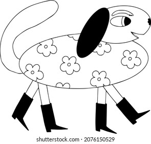 Vector dog with flowers, interesting character, black and white dog, doodle, background and wallpaper for phone. Sticker.