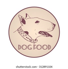 Vector dog food logotype with bull terrier in retro style