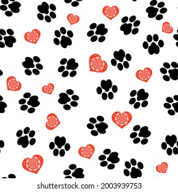 Vector Dog Foot Print Seamless Pattern on White Background. Animal Paws Texture.