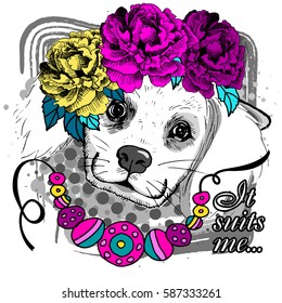 Vector dog with glasses, necklace and wreath. Hand drawn illustration of dressed white dog.