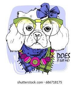Vector dog with glasses, scarf and blue bow. Hand drawn illustration of dressed dog