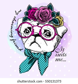 Vector dog with glasses and wreath with flowers. Hand drawn illustration of dressed dog