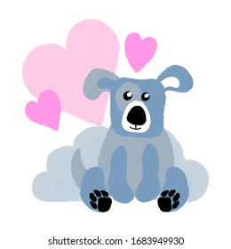 Vektorillustration Hund graublauer süßer Welpen-Haustier mit rosafarbenen Herzen, Hintergrundbild für kinetische Plakate