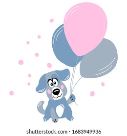 Vector Dog Gray Blue Cute Baby Puppy Pet With Air Baloons Background Card  Illustration For Textile Childish Posters