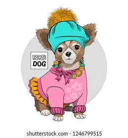 Vector dog with green hat, necklace and pink dress. Hand drawn illustration of dressed terrier.