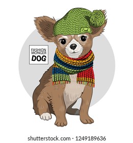 Vector dog with green hat and scarf. Hand drawn illustration of dressed terrier.