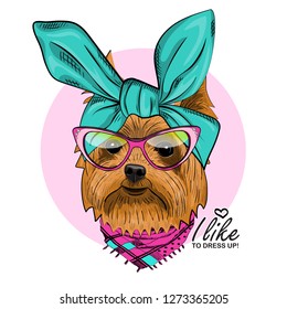 Vector dog with green headscarf, glasses and scarf. Hand drawn illustration of dressed dog.