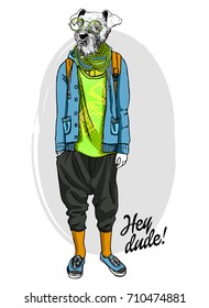 Vector dog with green scarf and glasses. Hand drawn illustration
