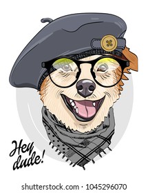 Vector dog with grey beret and scarf. Hand drawn illustration of dressed dog.