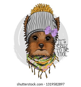 Vector dog with grey hat, bow and  scarf. Hand drawn illustration of dressed dog.