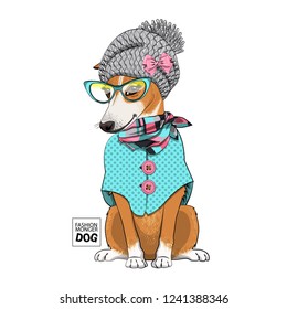 Vector dog with grey knitted hat, checkered scarf, glasses and blue blouse. Hand drawn illustration of dressed dog.