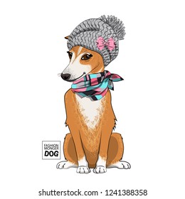 Vector dog with grey knitted hat, checkered scarf and pink bow. Hand drawn illustration of dressed dog.