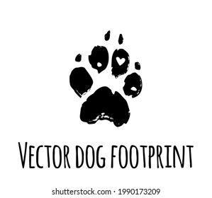 Huella de grunge de perro vector.Silueta de dibujo de marca de pata con textura de perrito negro aislada en fondo blanco.Diseño de impresión de camisetas.Sticker.Pista de pimienta,textura de icono cardíaco.