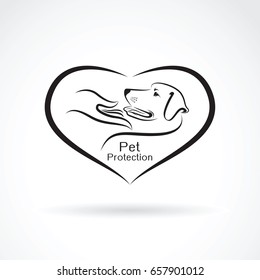 Vector of a dog and hand in the heart on white background. Pet protection.