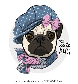 Vector dog with hat, bow and knitted scarf. Hand drawn illustration of dressed pug. Vector illustration.