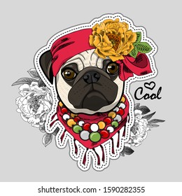 Vector dog with hat and flowers. Illustration of dressed pug. Vector illustration. Fashion cool dog. Print on T-shirts, bags and other fashion products. 