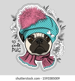 Vector dog with hat and flowers. Illustration of dressed pug. Vector illustration. Fashion cool dog. Print on T-shirts, bags and other fashion products. 