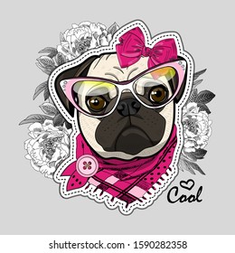 Vector dog with hat, glasses and flowers. Illustration of dressed pug. Vector illustration. Fashion cool dog. Print on T-shirts, bags and other fashion products. 