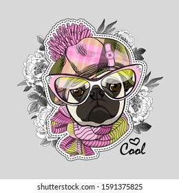 Vector dog with hat, glasses and flowers. Illustration of dressed pug. Vector illustration. Fashion cool dog. Print on T-shirts, bags and other fashion products. 