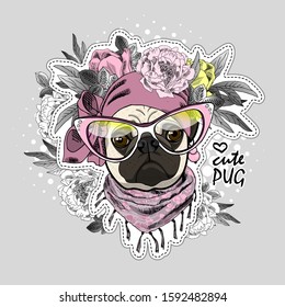 Vector dog with hat, glasses and flowers. Illustration of dressed pug. Vector illustration. Fashion cool dog. Print on T-shirts, bags and other fashion products. 