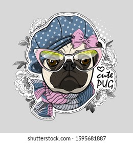 Vector dog with hat, glasses and flowers. Illustration of dressed pug. Vector illustration. Fashion cool dog. Print on T-shirts, bags and other fashion products. 